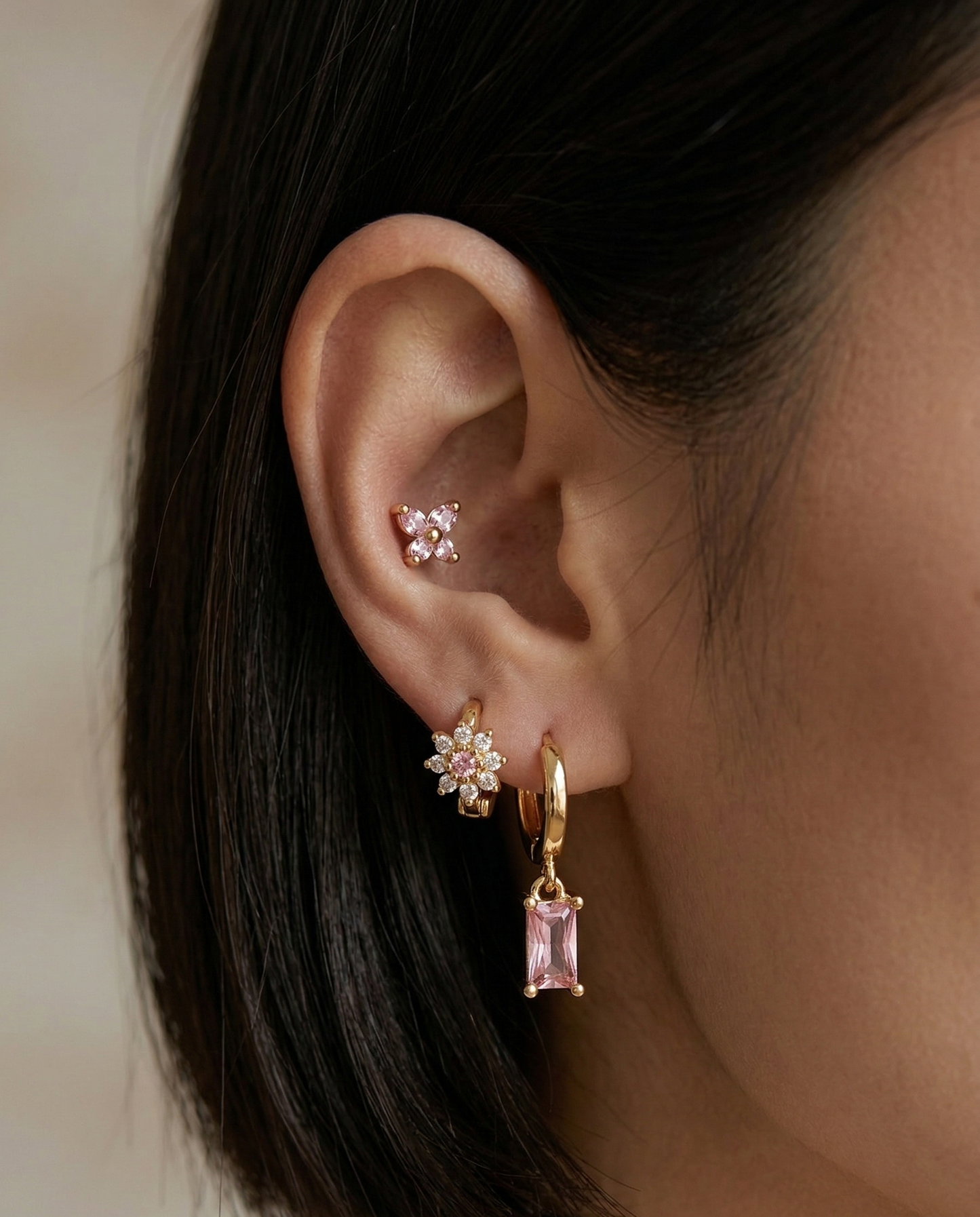 Brinco Rosé Trio Élégance Banhado em Ouro 18k