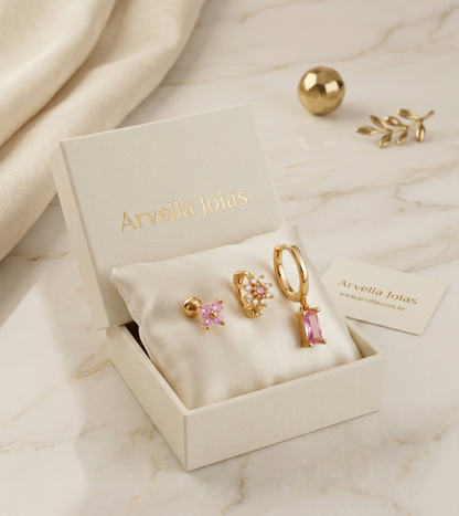 Brinco Rosé Trio Élégance Banhado em Ouro 18k