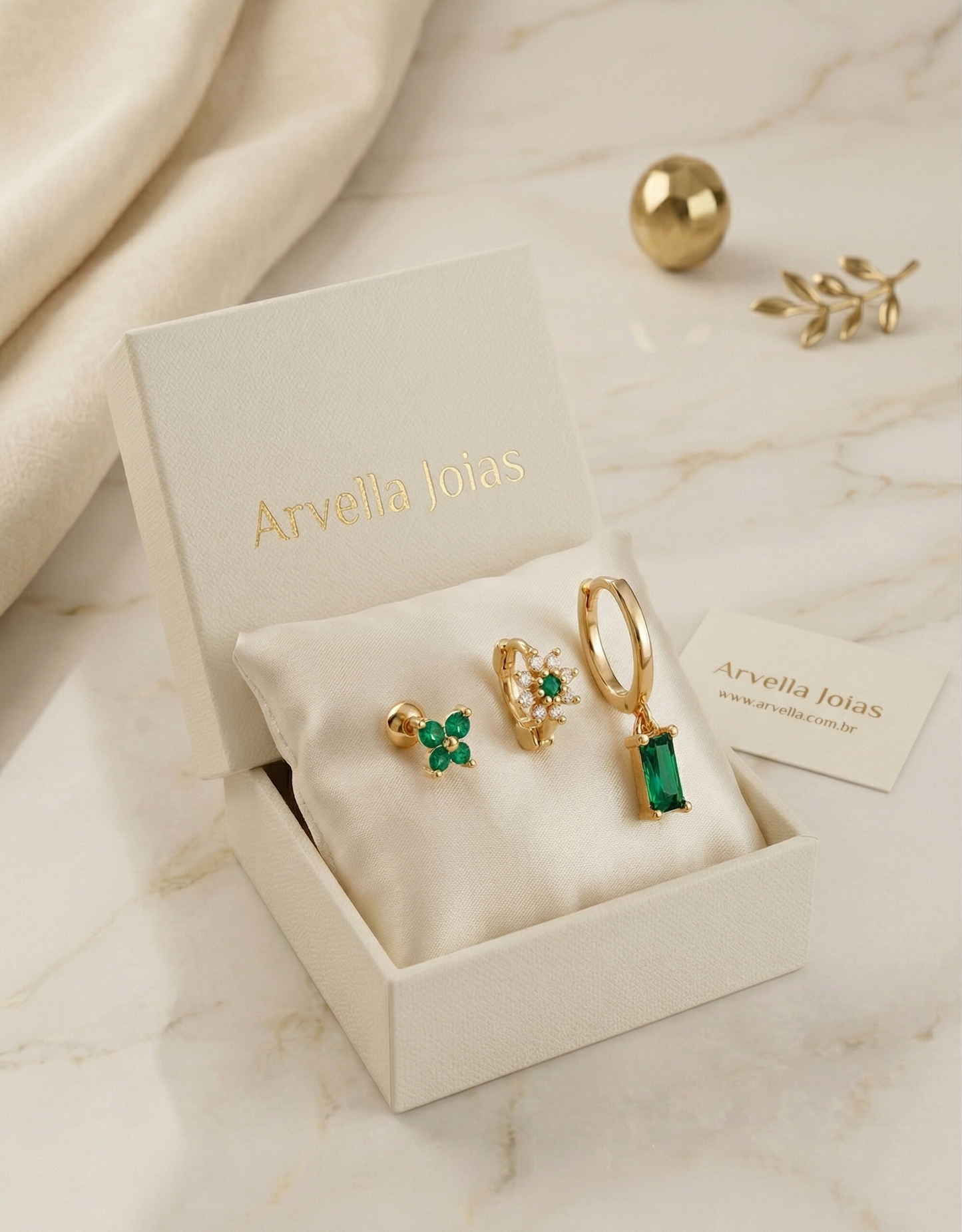 Brincos Émera Trio Banhado em Ouro 18k