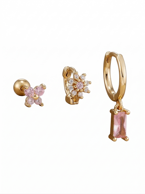 Brinco Rosé Trio Élégance Banhado em Ouro 18k